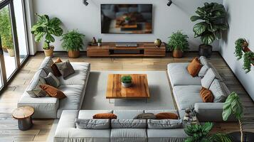 Top down view of modern family room with a large sofa coffee table and entertainment unit white isolated background photo