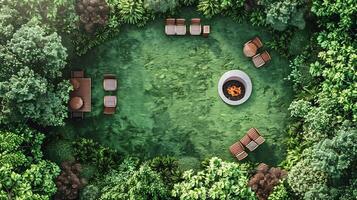 Top down view of lush green park with lawn chairs tables and a small fire pit perfect for a family gathering white isolated background photo