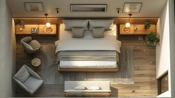 Top down view of guest room with a queensized bed armchair and bedside table modern and minimalistic decor white isolated background photo