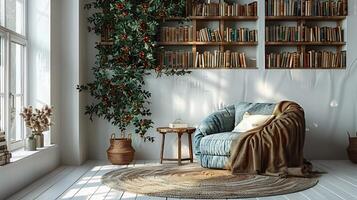 Top down view of cozy reading nook with a comfortable armchair a side table and a small bookshelf white isolated background photo