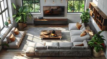 Top down view of cozy living room with a large sofa coffee table and a flatscreen TV modern decor on a white isolated background photo