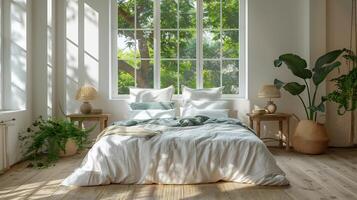 Top down view of cozy bedroom with a kingsized bed two nightstands and a large window showing daylight white isolated background photo