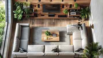 Top down view of cozy living room with a plush couch coffee table and entertainment unit modern design plants white isolated background photo