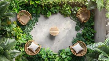 Top down view of charming garden seating arrangement with wooden chairs a small table and green plants white isolated background photo