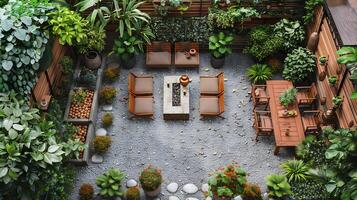 Top down view of backyard garden seating area with wooden furniture and a small fire pit on a white isolated background photo
