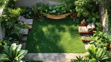 Top down view of backyard relaxation area with lawn chairs a hammock and small potted plants white isolated background photo