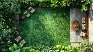 Top down view of backyard summer seating area with lawn chairs a picnic table and green grass perfect for relaxing white isolated background photo