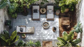 Top down view of backyard relaxation space with wooden lounge chairs a small fire pit and potted plants white isolated background photo