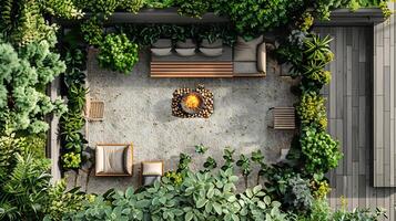 Top down view of backyard seating area with wooden benches and a small fire pit perfect for evening relaxation white isolated background photo