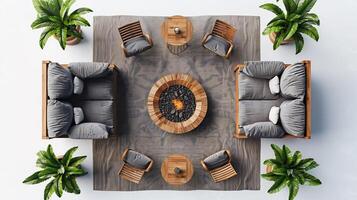 Top down view of backyard relaxation space with wooden furniture a small table and a fire pit ideal for a family gathering white isolated background photo