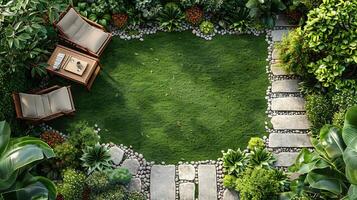 Top down view of backyard summer seating area with folding chairs a picnic blanket and small plants white isolated background photo