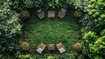 Top down view of Nova Scotia park picnic setup with folding chairs a table and a checkerboard blanket on the grass white isolated background photo