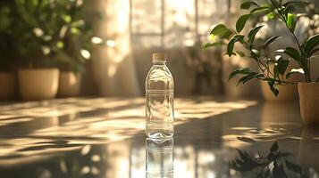 Beverage Bottle Mockup Standing a Reflective Surface with Soft Lighting Perfect for Presenting Drink Packaging Label Designs and Beverage Branding in a Sleek Style photo