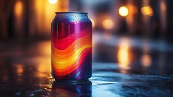 Beverage can mockup reflective surface with sharp lighting showcasing vibrant branding design photo