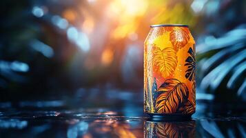 Beverage Can Mockup Placed a Reflective Surface with Sharp Lighting Ideal for Showcasing Vibrant Branding and Label Design for Soft Drinks or Beverage Products photo
