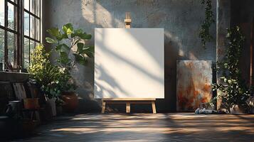 Blank canvas mockup displayed art studio with soft lighting perfect for art product branding photo