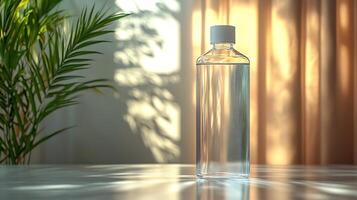 Bottle Mockup a Clear Glossy Finish Standing on a Light Surface Ready for Showcasing Beverage Product Design Elegant Packaging and Sleek Branding Concepts photo