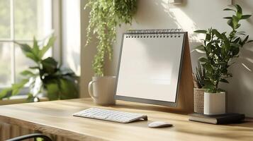 Calendar mockup set wooden desk with a minimalistic design ready for product showcasing photo