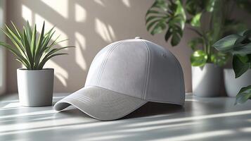 Cap mockup clean white background with subtle shadows perfect for showcasing custom headwear designs photo