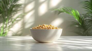 Cereal Bowl Mockup White Table with Bright Light Ideal for Breakfast Product Branding and Food Display photo