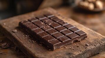 Elegant Chocolate Bar Mockup Placed a Wooden Table with Soft Warm Lighting Ideal for Displaying Confectionery Packaging and Branding for Sweet Treats photo