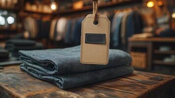 Clothing Tag Mockup Hanging a Folded Shirt Ideal for Highlighting Apparel Branding and Label Design for Fashion Products in a Simple Elegant Presentation photo