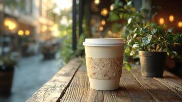 Coffee Cup Mockup Custom Design on Rustic Table with Natural Light Great for Cafe Branding photo