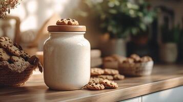Cookie Jar Mockup Kitchen Counter with Soft Light Ideal for Food Packaging and Confectionery Branding photo