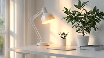 Desk lamp mockup standing clean white desk with sharp lighting perfect for showcasing home decor products photo