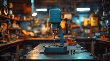 Drill machine mockup standing upright workbench with soft lighting perfect for tool product branding photo