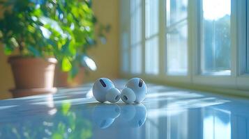 Earbuds mockup resting clean surface with soft lighting ideal for showcasing tech products photo