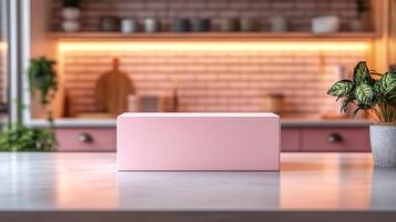 Food Box Mockup Displayed a Clean Kitchen Counter with Bright Vibrant Lighting Ideal for Highlighting Food Packaging and Branding in a Fresh Modern Setting photo