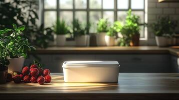 Sealed Food Container Mockup Countertop Perfect for Culinary Packaging and Brand Presentation photo