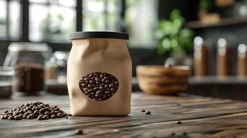 Food Packaging Mockup Wooden Kitchen Table Ideal for Branding and Product Packaging Displays photo
