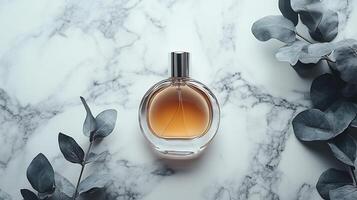 Fragrance Bottle Mockup Stylish Packaging on Elegant Stone Background for Perfume Branding photo
