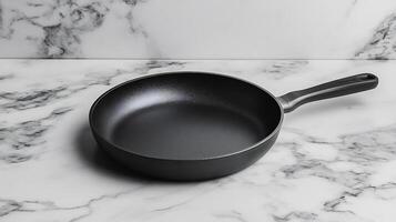 Flat Frying Pan Mockup Marble Counter Ideal for Kitchen Tools and Cookware Product Branding photo