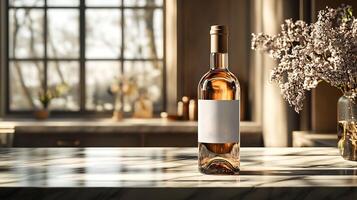 Glass Bottle Mockup Custom Label Design Placed on a Marble Countertop Showcasing a HighEnd Beverage or Product Labeling in Sharp Modern Lighting photo