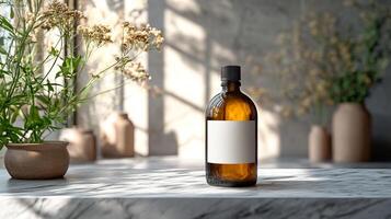 Glass bottle mockup custom label design displayed on a marble counter with sharp lighting photo