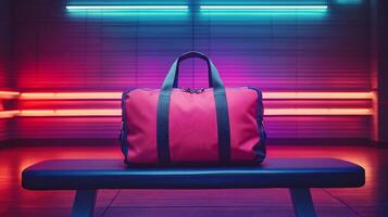 Gym Bag Mockup Positioned a Workout Bench with Vibrant Lighting Perfect for Showcasing Fitness Gear Branding and Sports Product Designs in an Energetic Environment photo