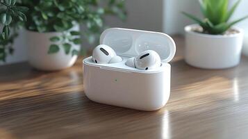 Headphone case mockup lying open wooden desk perfect for showcasing tech accessory designs photo