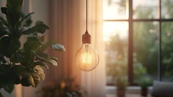 Light bulb mockup hanging clean ceiling with soft natural lighting ideal for showcasing home product designs photo