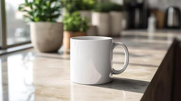 Mug Mockup Custom Design Displayed on a Clean Kitchen Counter Under Natural Light Perfect for Highlighting Drinkware Branding Cafe Merchandise and Logo Concepts photo