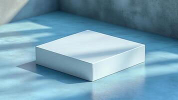 Packaging box mockup lying flat reflective surface with clean lines perfect for product branding photo