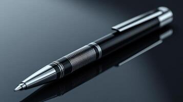 Pen mockup positioned sleek desk surface with subtle reflections perfect for corporate branding photo