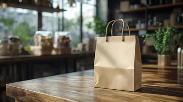 Paper bag mockup clean crisp folds placed a retail counter with soft shadows photo