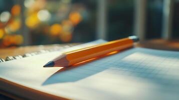 Pencil mockup resting white notepad with soft lighting ideal for stationery product showcases photo
