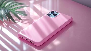 Phone case mockup lying glossy surface with soft lighting perfect for showcasing custom designs photo