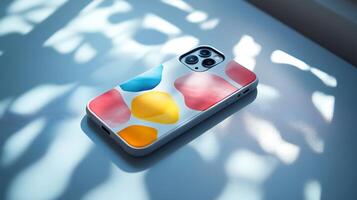 Phone Case Mockup Lying Flat a Glossy Surface with Soft Lighting Ideal for Presenting Custom Tech Accessory Branding Unique Design Patterns and Mobile Product Showcases photo