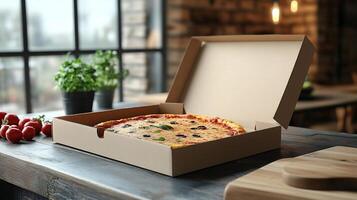 Pizza box mockup displayed open kitchen counter perfect for fast food product branding photo