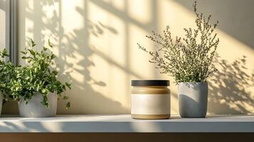 Product Label Mockup a Cylindrical Jar Displayed on a Clean Shelf with Soft Natural Lighting Perfect for Showcasing Product Branding Label Design and Packaging Concepts photo